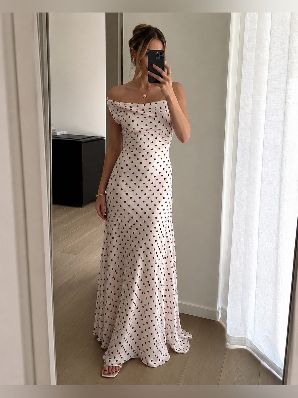 Paper Heart Cream Red Polka Dot Convertible Draped Maxi Dress M NWT